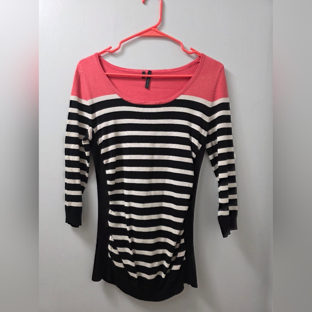 Maurices Knit Black and White Striped Top with Pink Shoulders